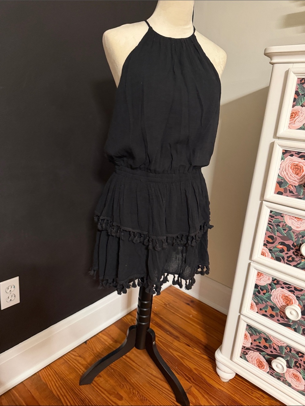 Mustard Seed Black Halter Tassel Tiered Mini Skirt